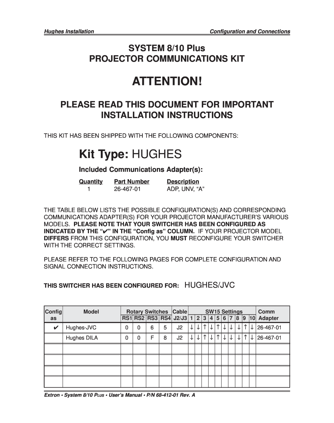 Extron electronic SYSTEM 8/10 PLUS installation instructions Kit Type HUGHES, Included Communications Adapters, Quantity 