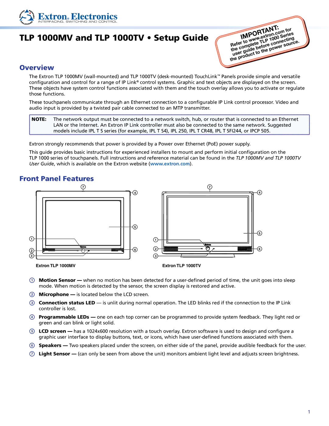 Extron electronic setup guide TLP 1000MV and TLP 1000TV Setup Guide, Overview, Front Panel Features 