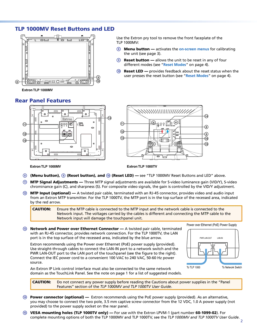 Extron electronic TLP 1000TV setup guide TLP 1000MV Reset Buttons and LED, Rear Panel Features 