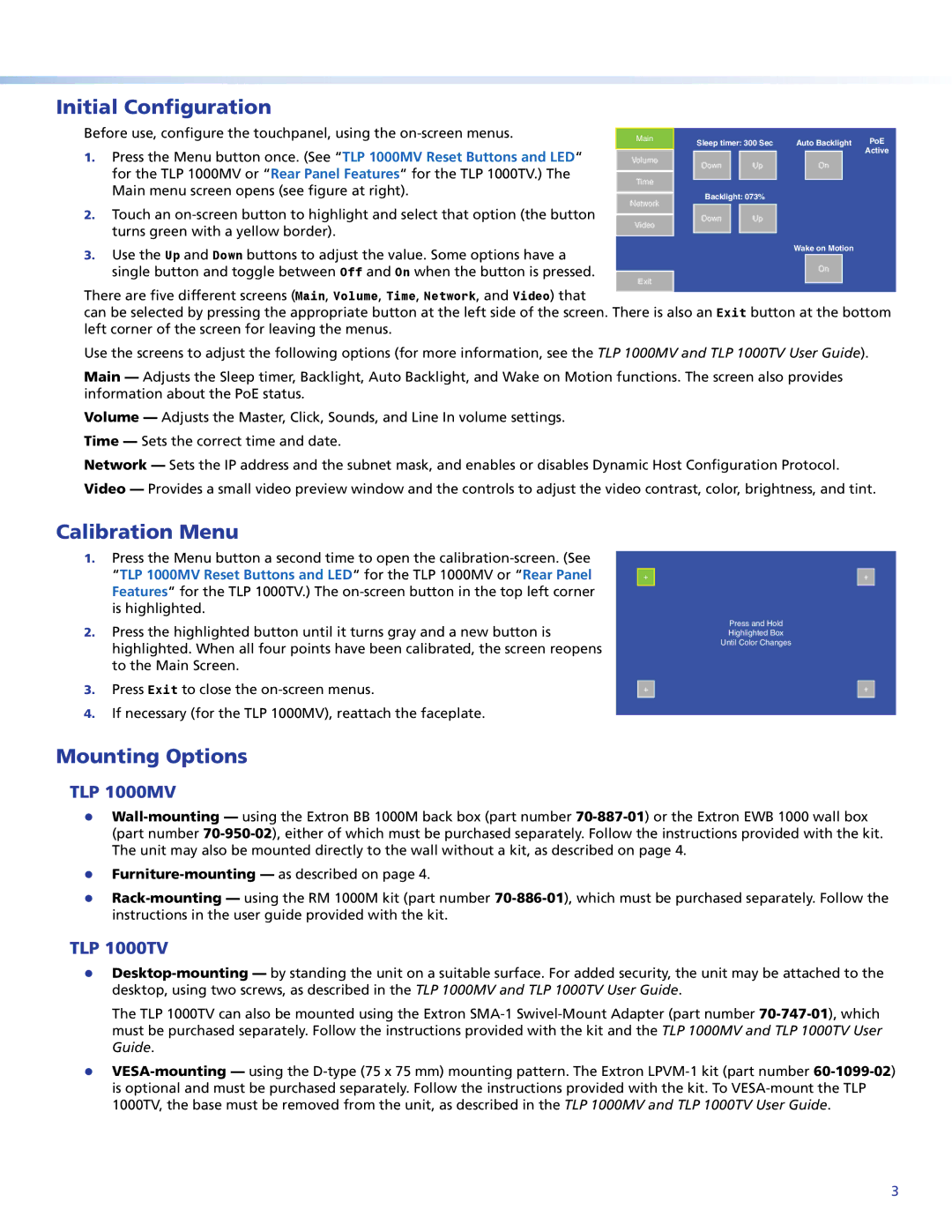 Extron electronic TLP 1000TV setup guide Initial Configuration, Calibration Menu, Mounting Options, TLP 1000MV 
