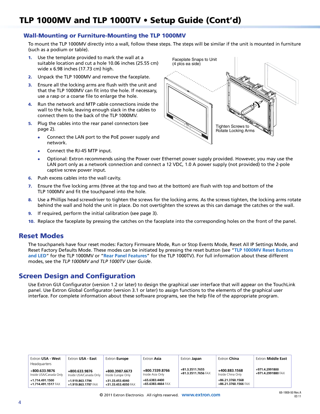 Extron electronic setup guide TLP 1000MV and TLP 1000TV Setup Guide Cont’d, Reset Modes, Screen Design and Configuration 