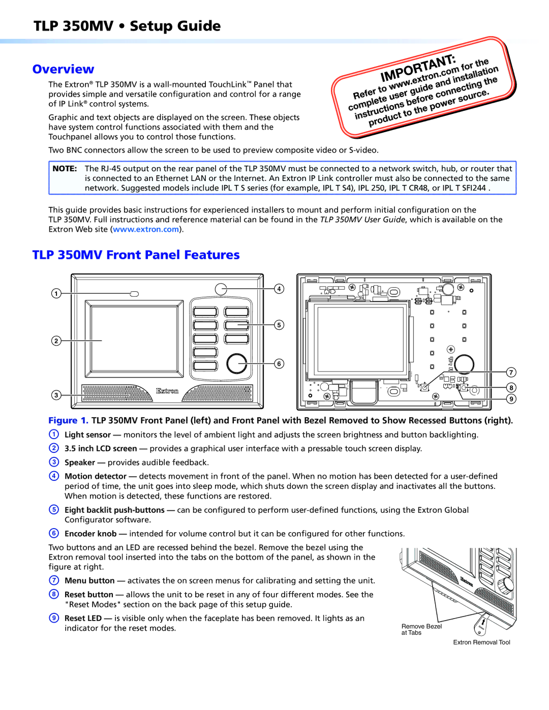 Extron electronic setup guide Overview, TLP 350MV Front Panel Features 