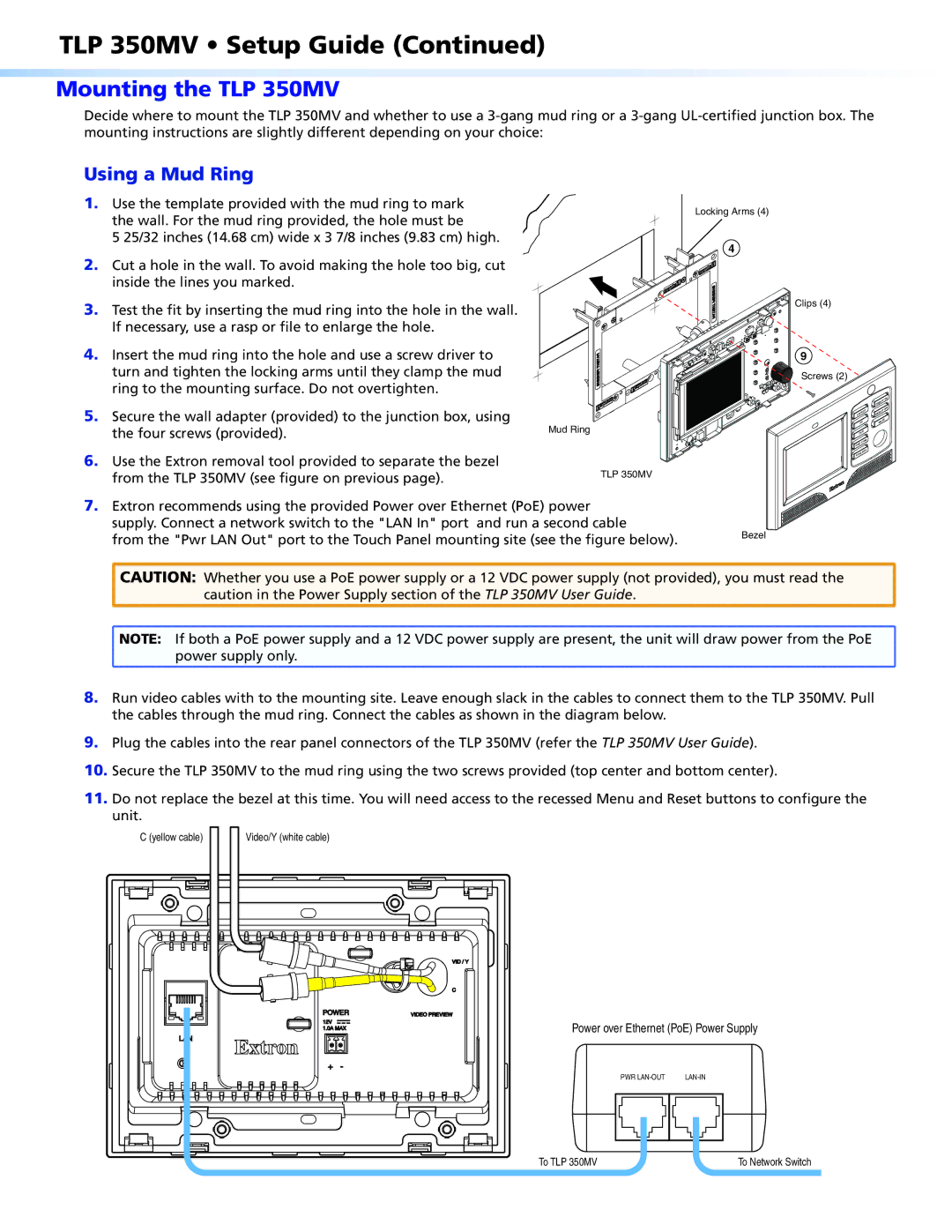 Extron electronic setup guide Mounting the TLP 350MV, Using a Mud Ring 