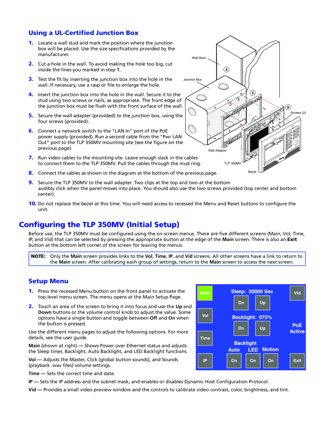 Extron electronic Configuring the TLP 350MV Initial Setup, Setup Menu, Sleep 00000 Sec Backlight 075% Auto LED Motion 
