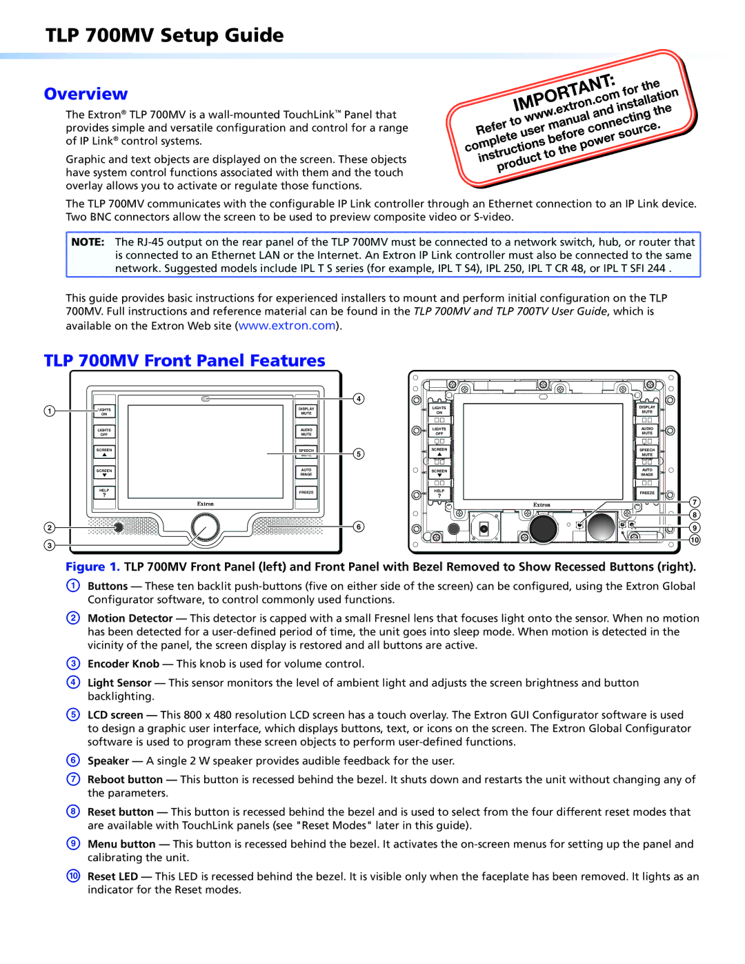 Extron electronic setup guide Overview, TLP 700MV Front Panel Features 