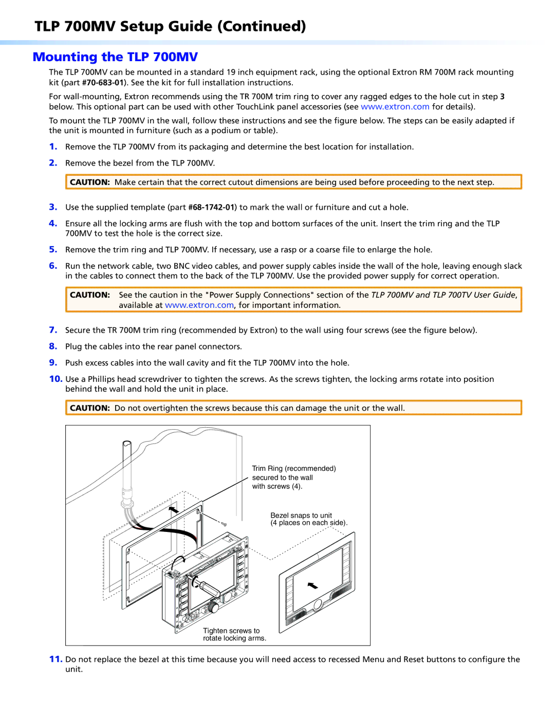 Extron electronic setup guide Mounting the TLP 700MV 