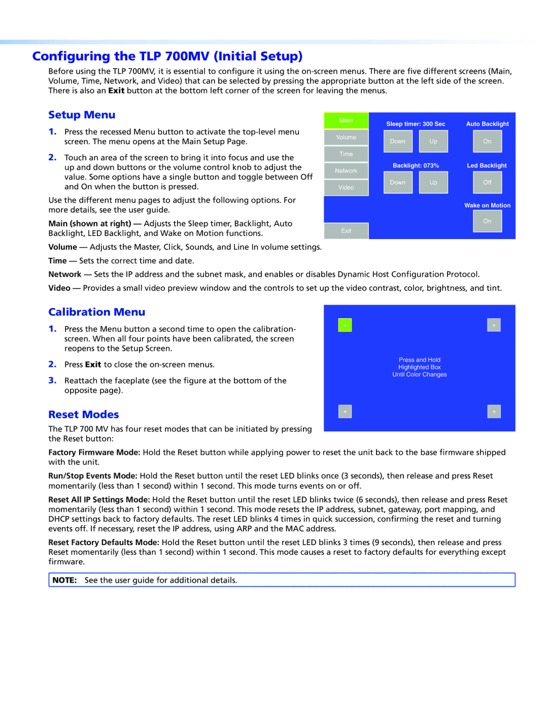 Extron electronic setup guide Configuring the TLP 700MV Initial Setup, Setup Menu 