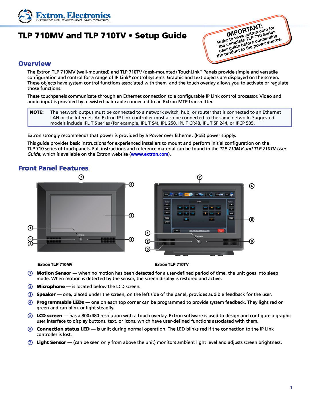 Extron electronic setup guide TLP 710MV and TLP 710TV Setup Guide, Overview, Front Panel Features 