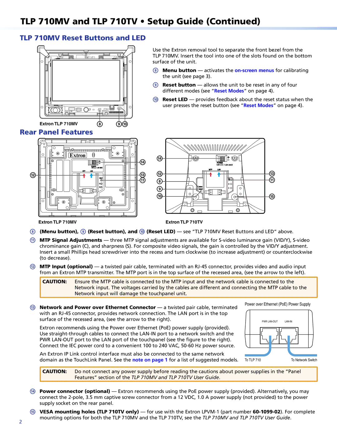 Extron electronic TLP 710TV setup guide TLP 710MV Reset Buttons and LED, Rear Panel Features 