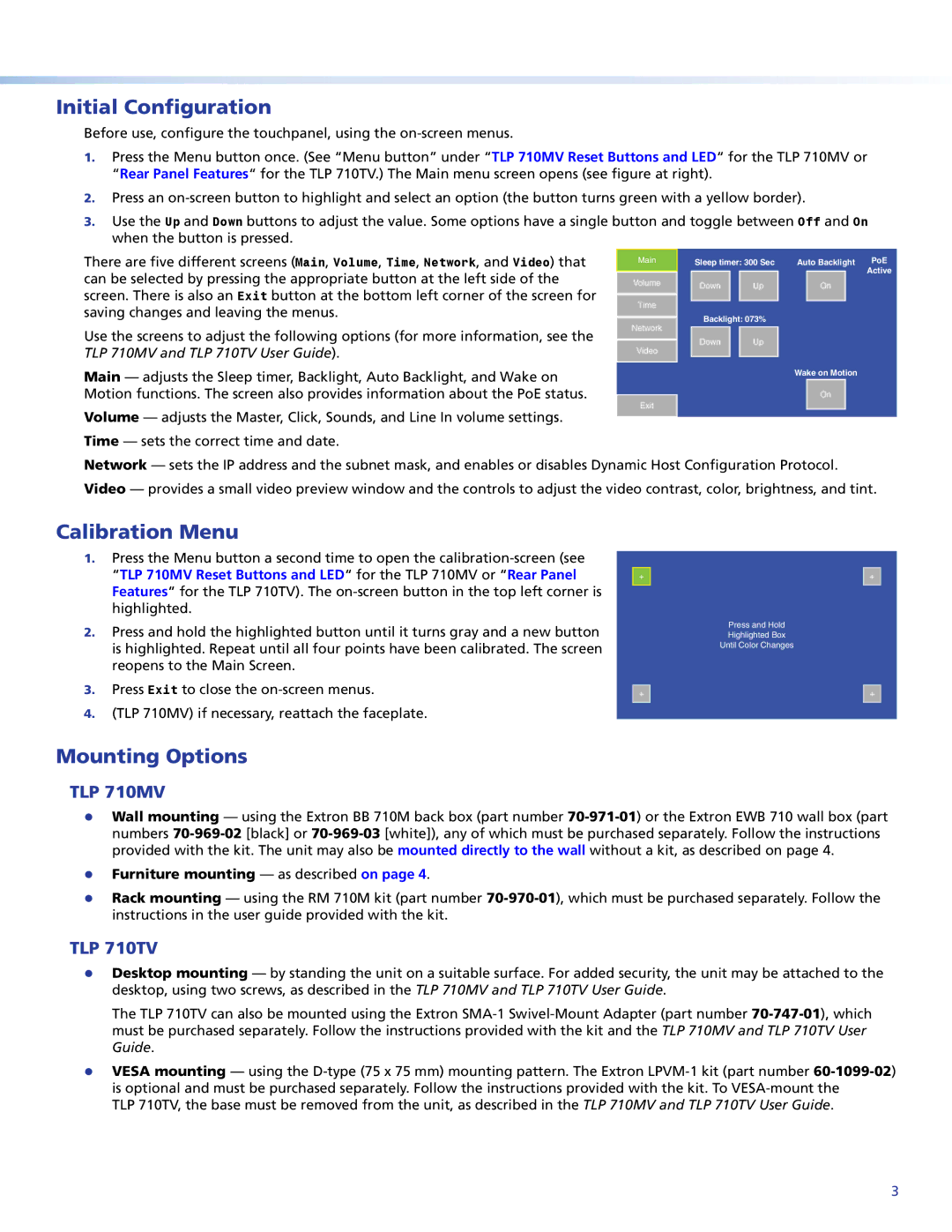 Extron electronic TLP 710TV, TLP 710MV setup guide Initial Configuration, Calibration Menu, Mounting Options 