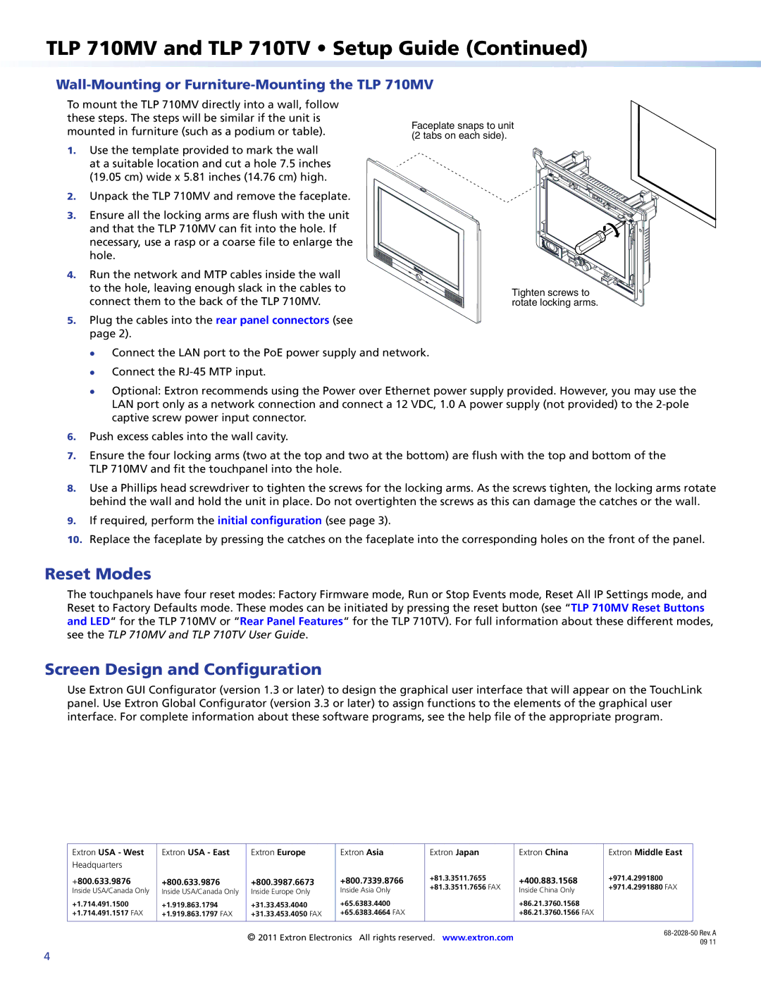 Extron electronic TLP 710MV, TLP 710TV setup guide Reset Modes, Screen Design and Configuration 