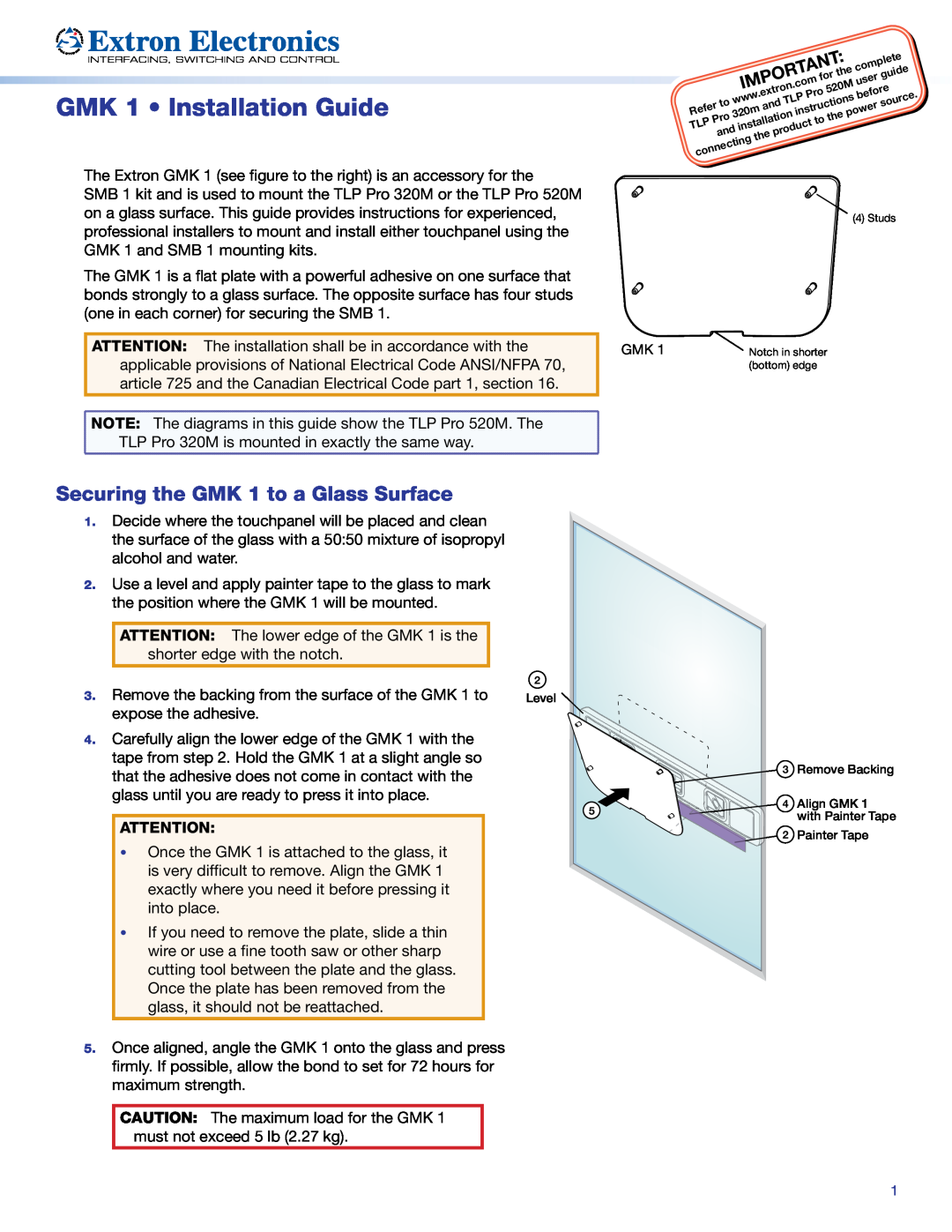 Extron electronic installation instructions GMK 1 Installation Guide, Securing the GMK 1 to a Glass Surface 