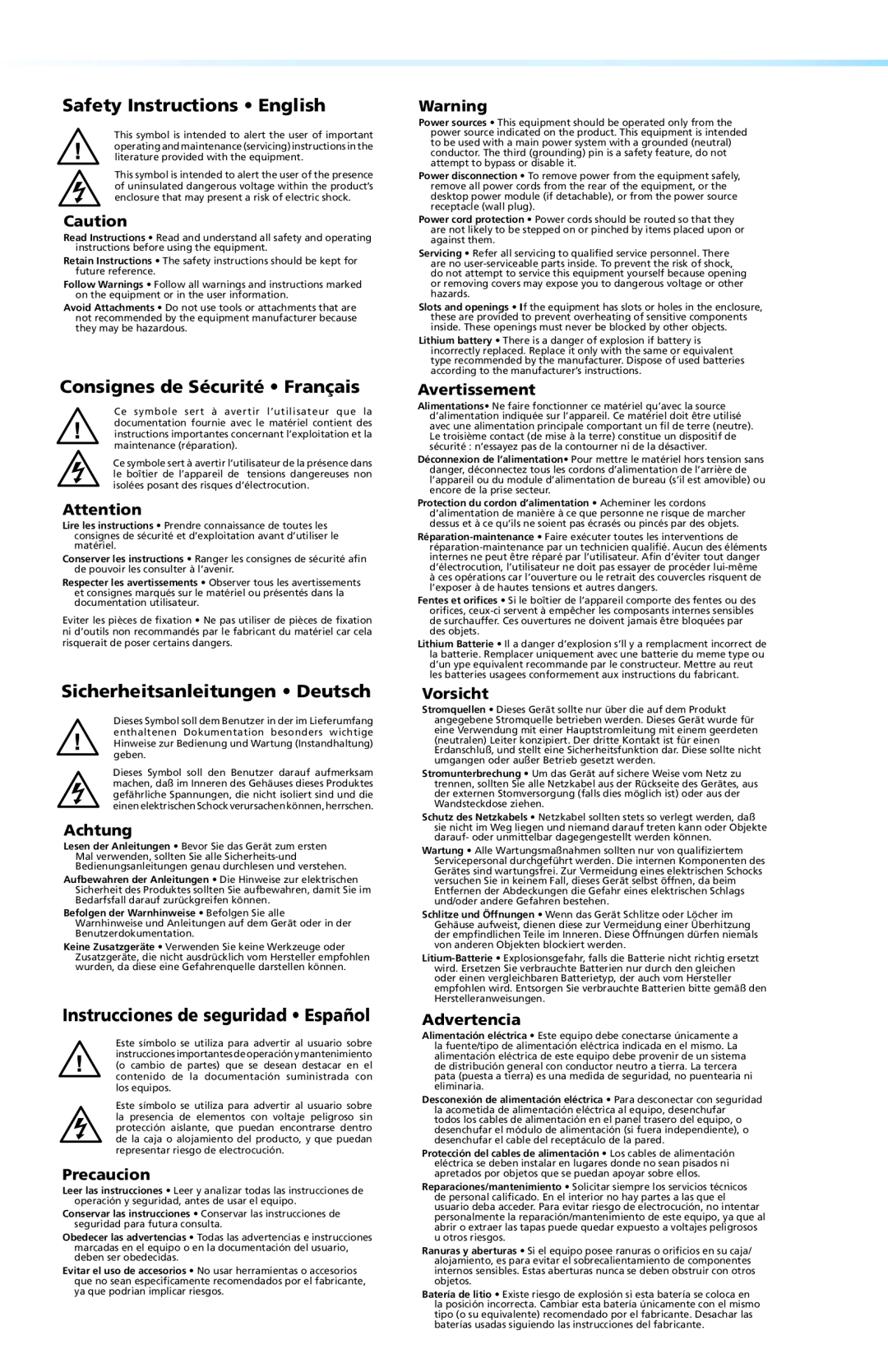 Extron electronic TLP VIM manual Achtung, Precaucion, Avertissement, Vorsicht, Advertencia 
