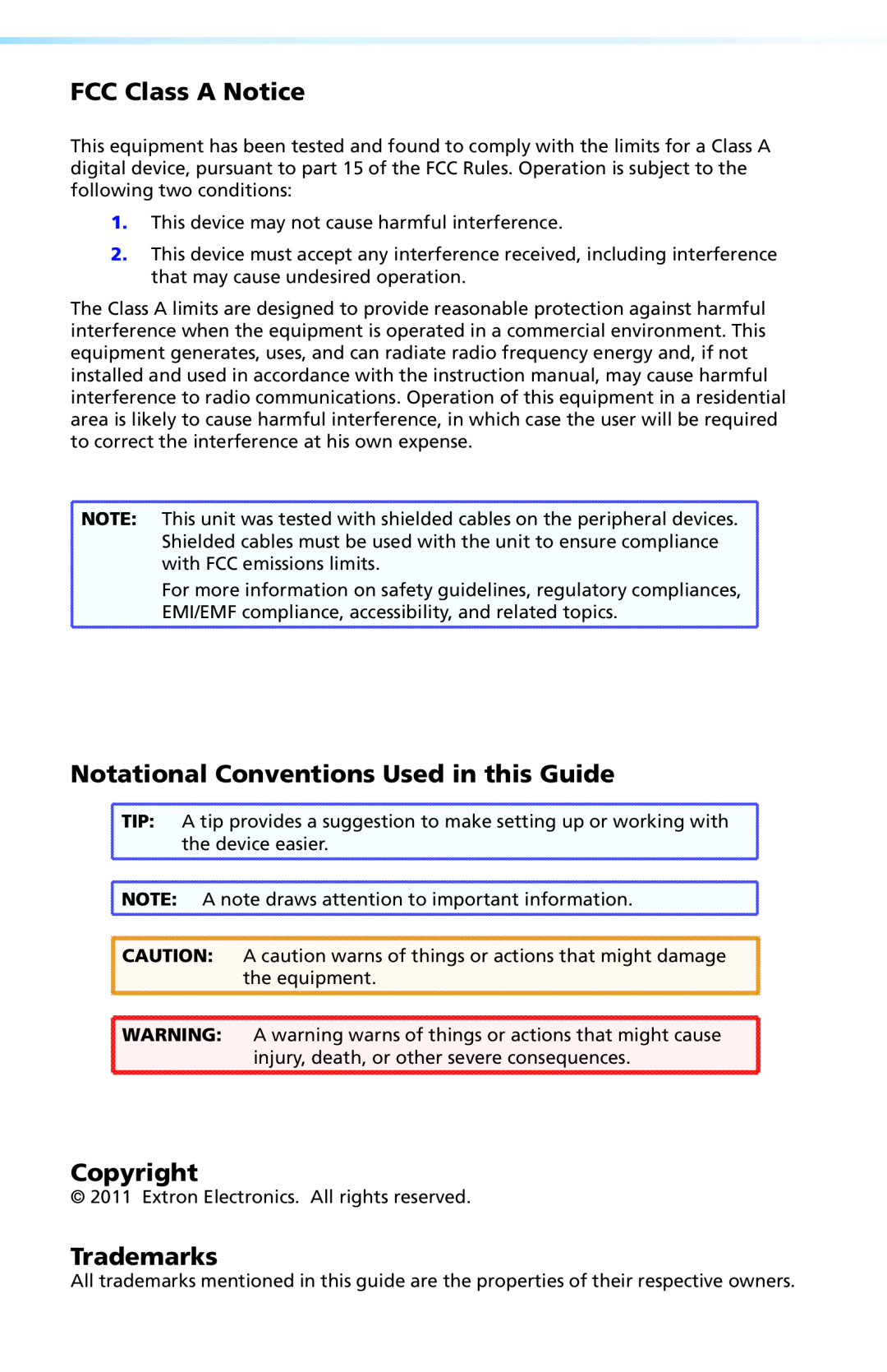 Extron electronic TLP VIM manual FCC Class A Notice, Notational Conventions Used in this Guide, Copyright, Trademarks 