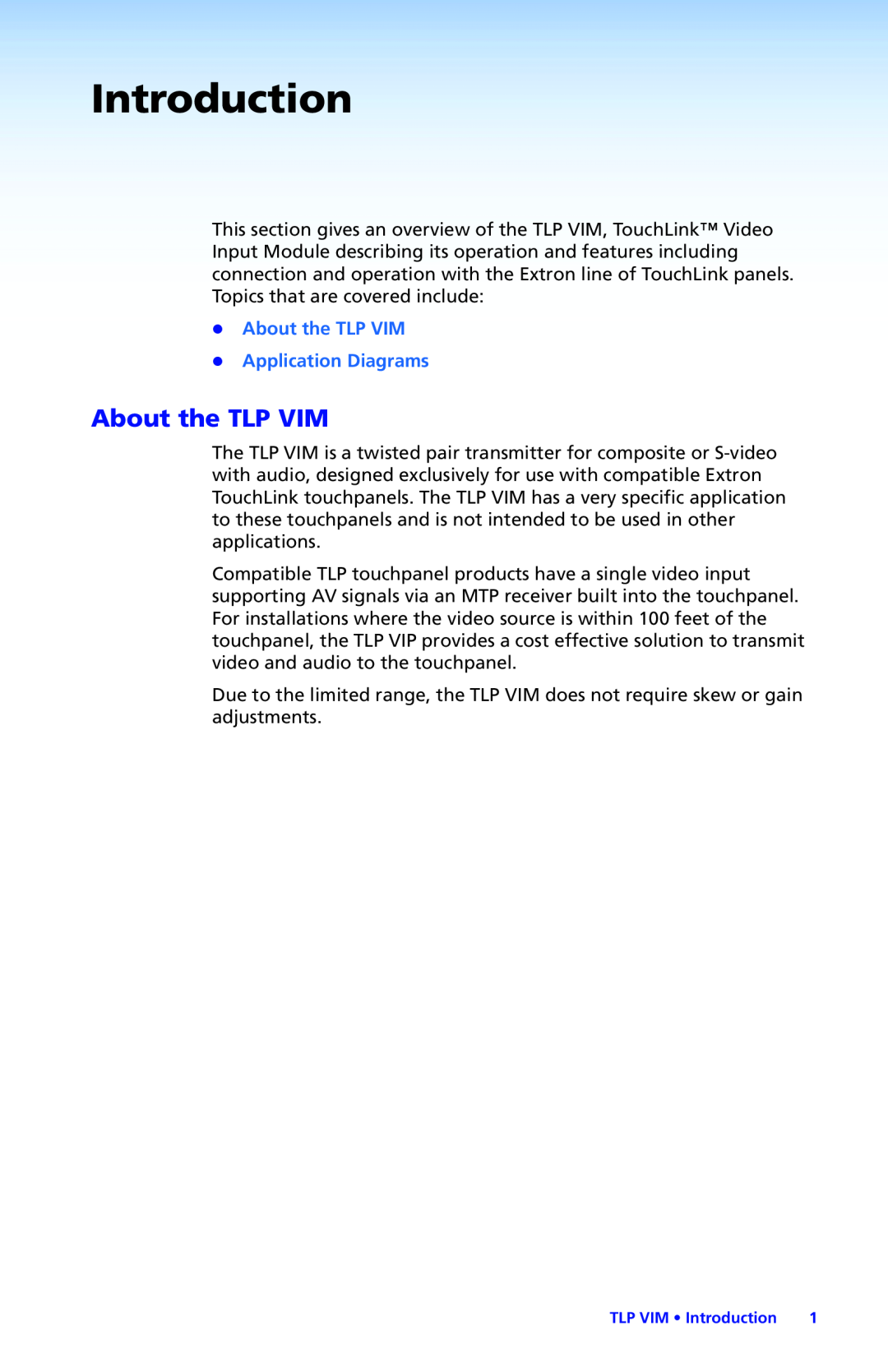 Extron electronic manual Introduction, zz About the TLP VIM zz Application Diagrams 
