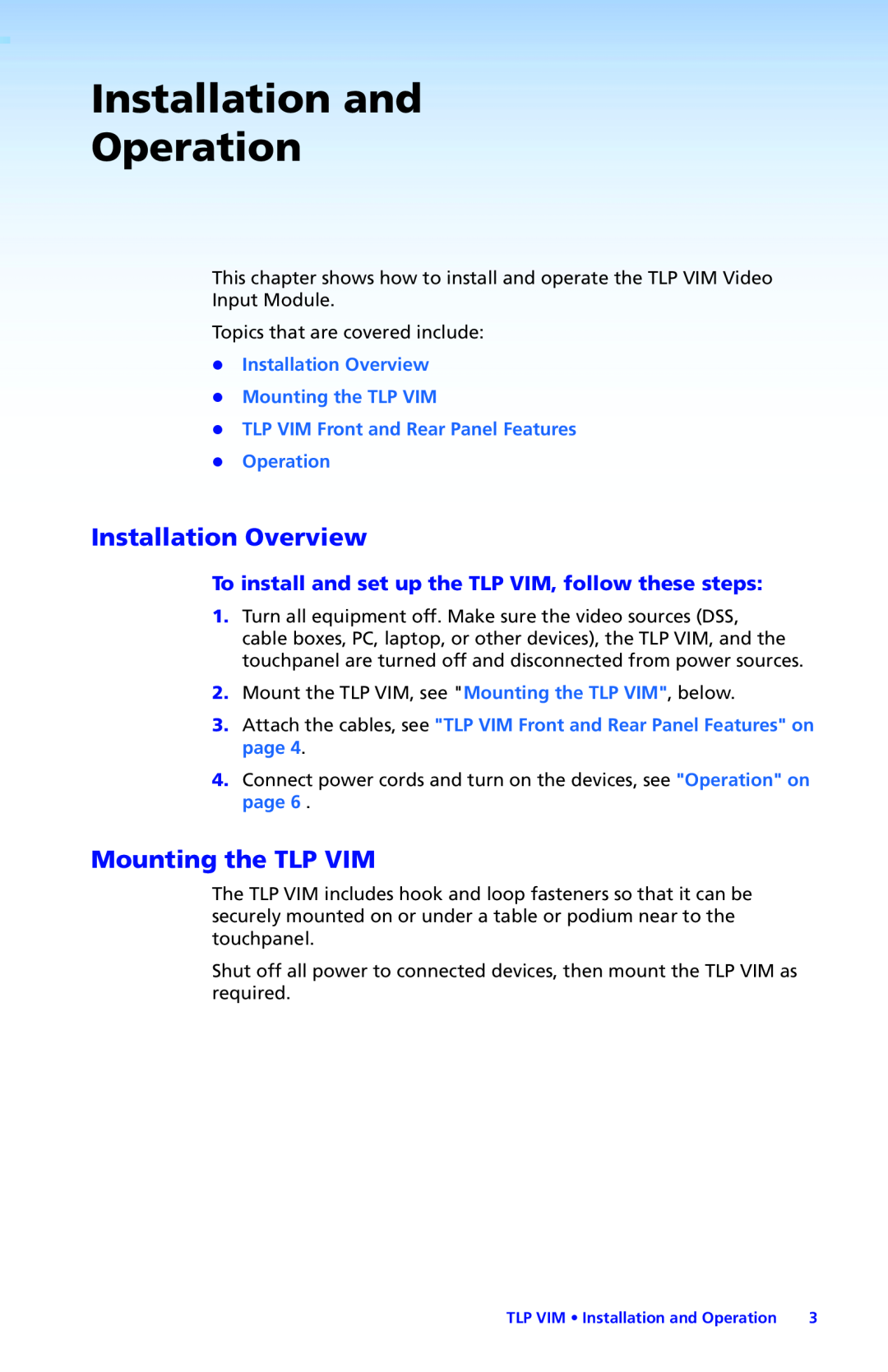 Extron electronic manual Installation and Operation, Installation Overview, Mounting the TLP VIM 
