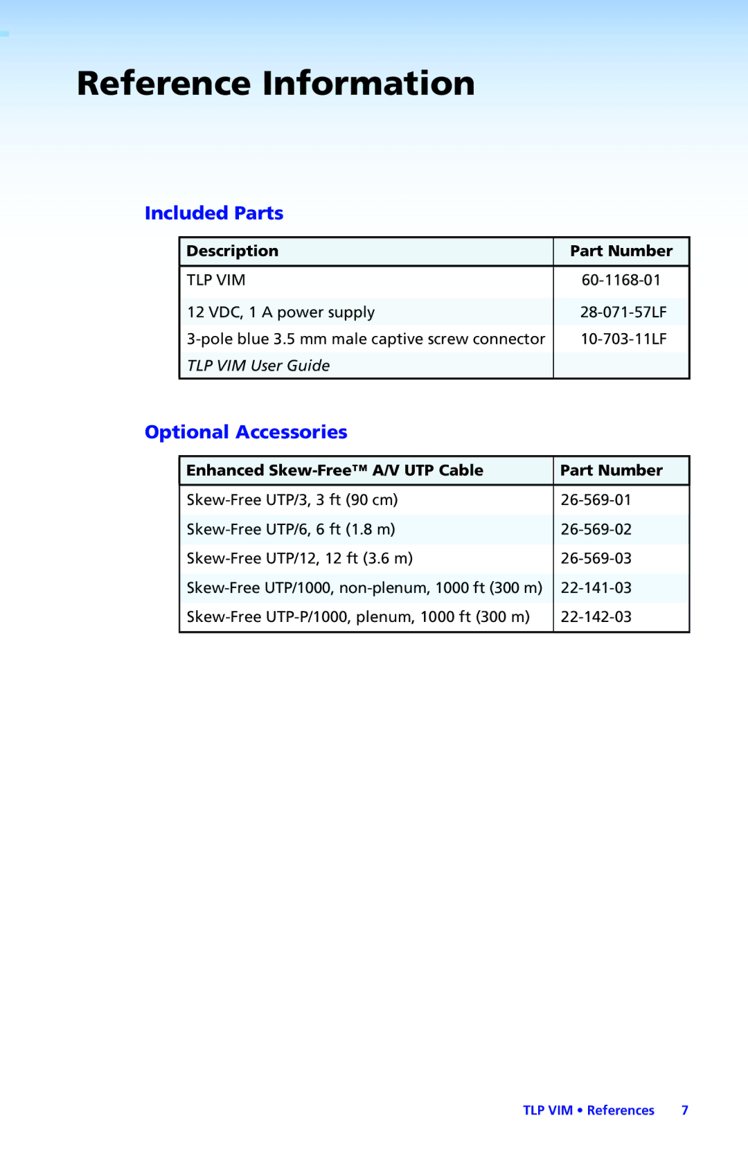 Extron electronic TLP VIM manual Description Part Number, Enhanced Skew-Free A/V UTP Cable Part Number 