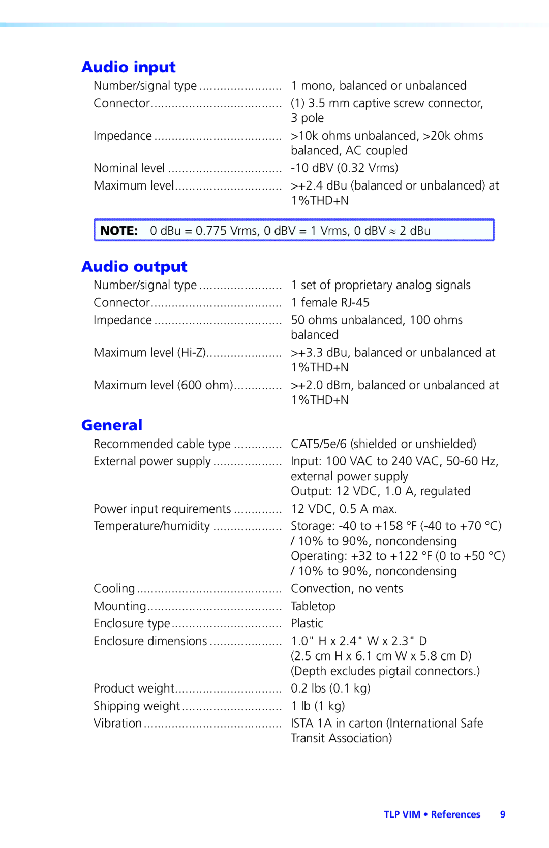 Extron electronic TLP VIM manual Audio input, Audio output, General 