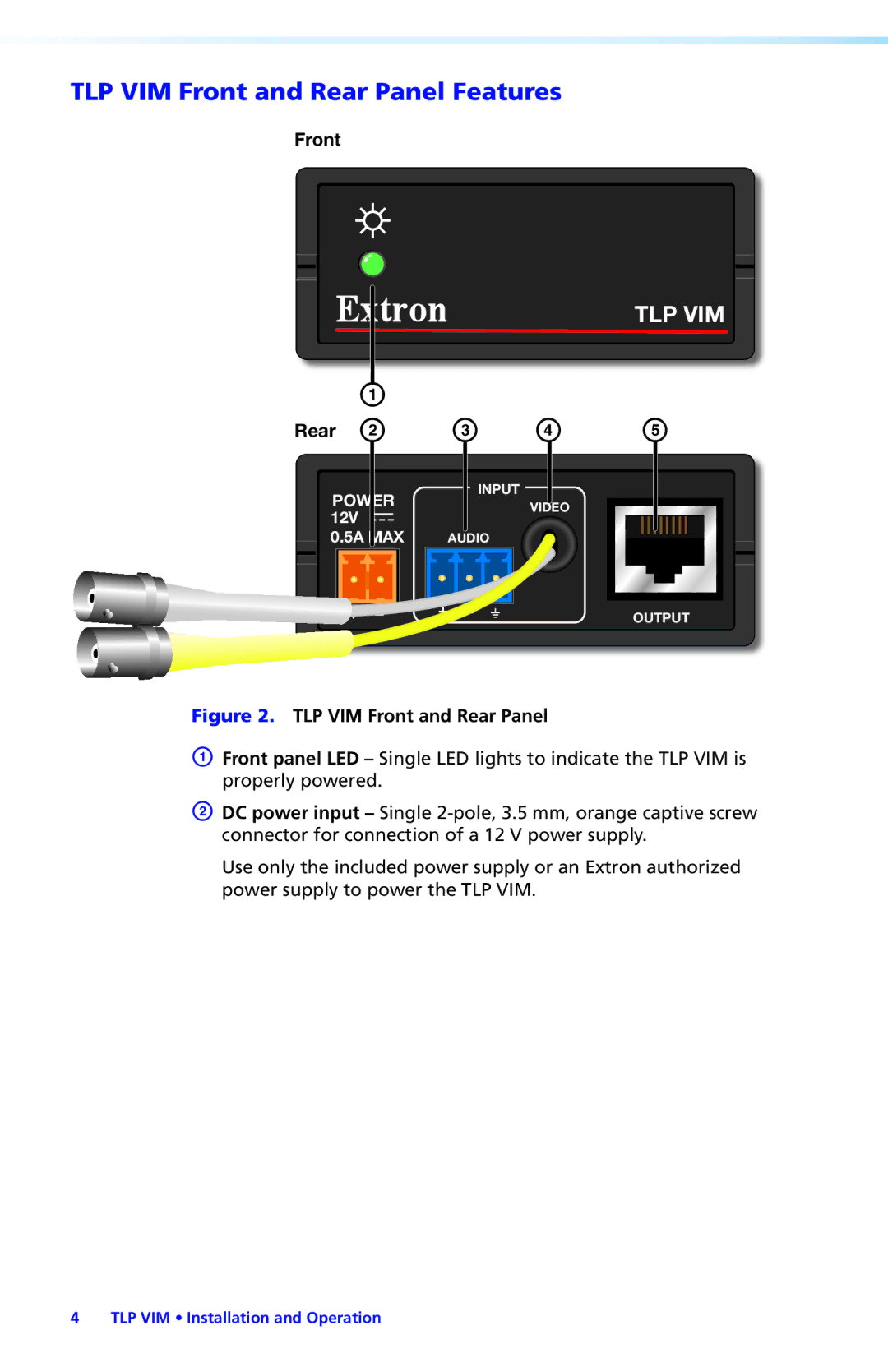 Extron electronic manual TLP VIM Front and Rear Panel Features 