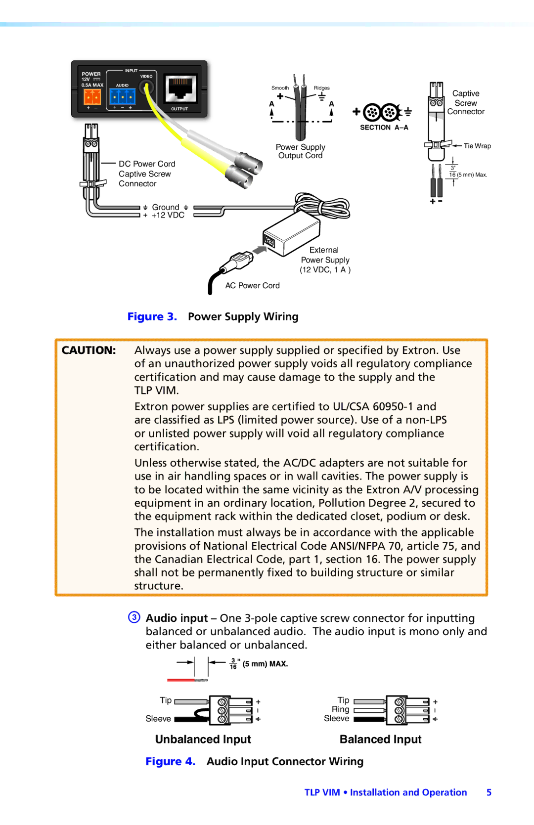 Extron electronic TLP VIM manual Power Supply Wiring 