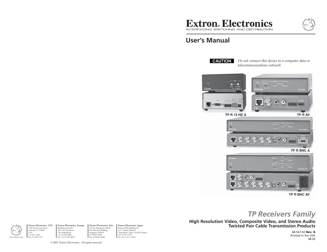 Extron electronic TP R 15HD A, TP R BNC A, TP R AV user manual Twisted Pair Cable Transmission Products 