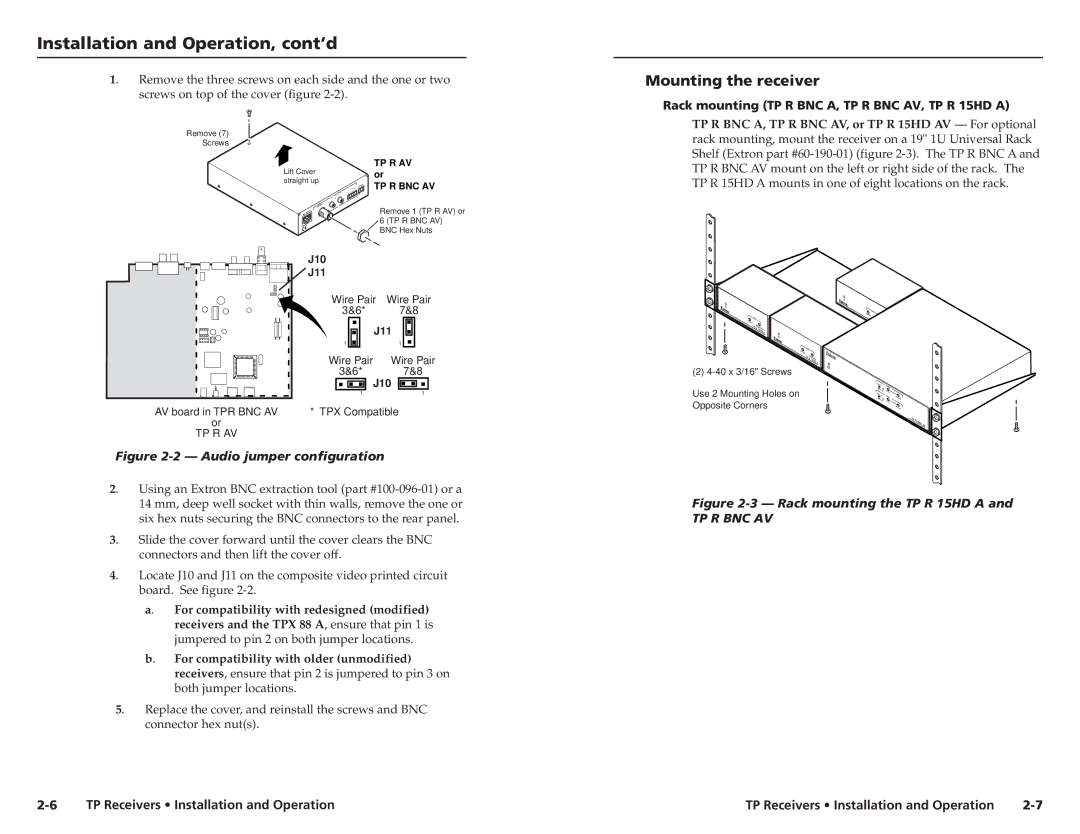 Extron electronic TP R 15HD A, TP R AV user manual Mounting the receiver, Rack mounting TP R BNC A, TP R BNC AV, TP R 15HD a 