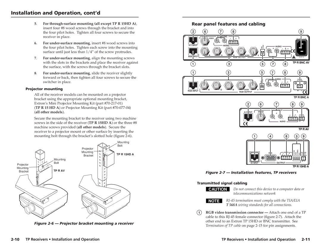 Extron electronic TP R BNC A, TP R 15HD A Rear panel features and cabling, Projector mounting, Transmitted signal cabling 