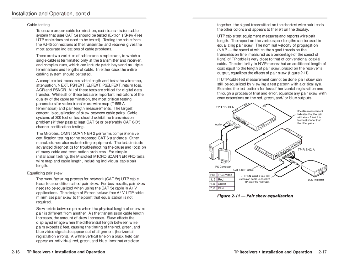 Extron electronic TP R BNC A, TP R 15HD A, TP R AV user manual Cable testing, Equalizing pair skew 