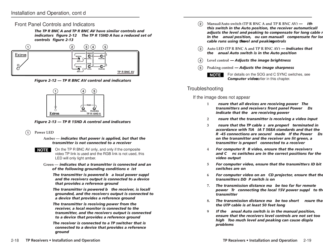 Extron electronic TP R 15HD A, TP R BNC A, TP R AV user manual Troubleshooting, If the image does not appear, Power LED 