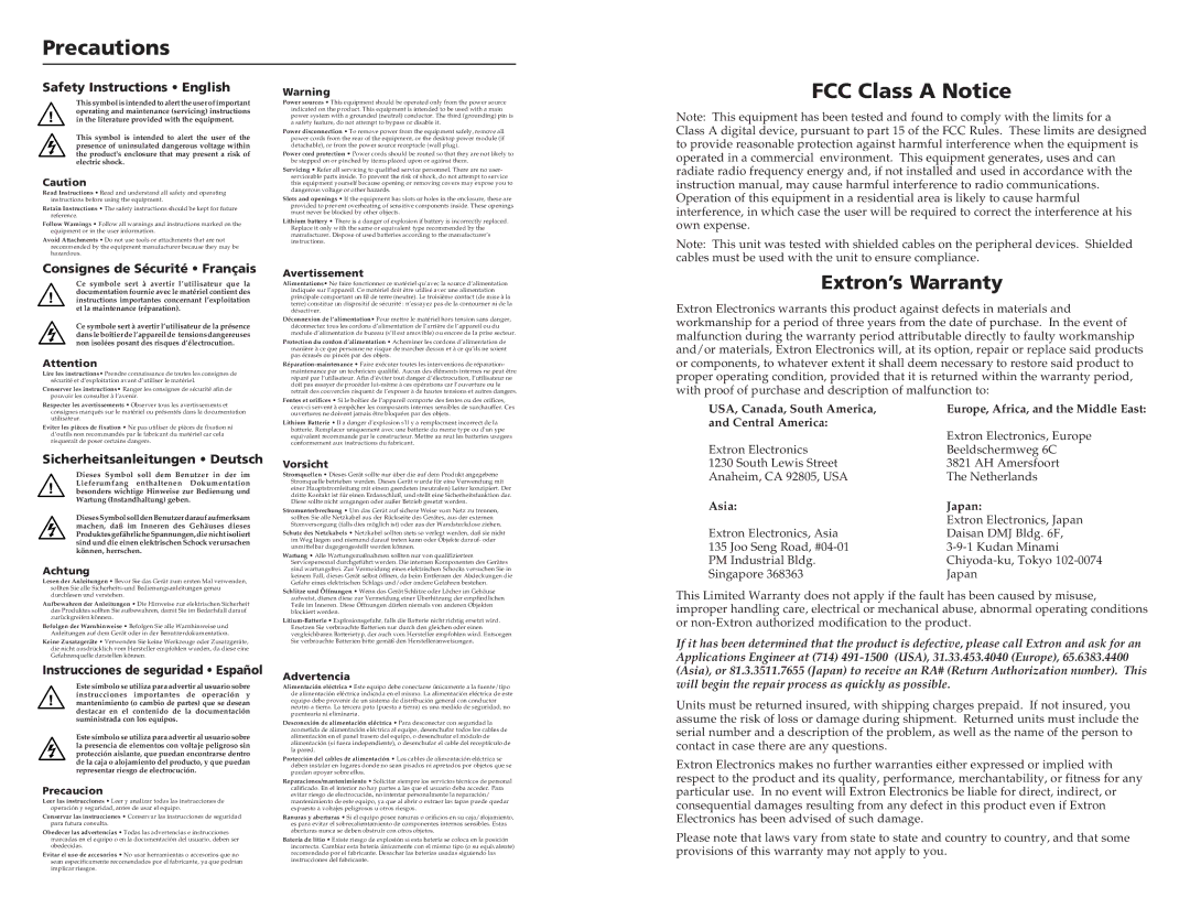 Extron electronic TP R AV, TP R BNC A, TP R 15HD A user manual FCC Class a Notice, Extron’s Warranty 