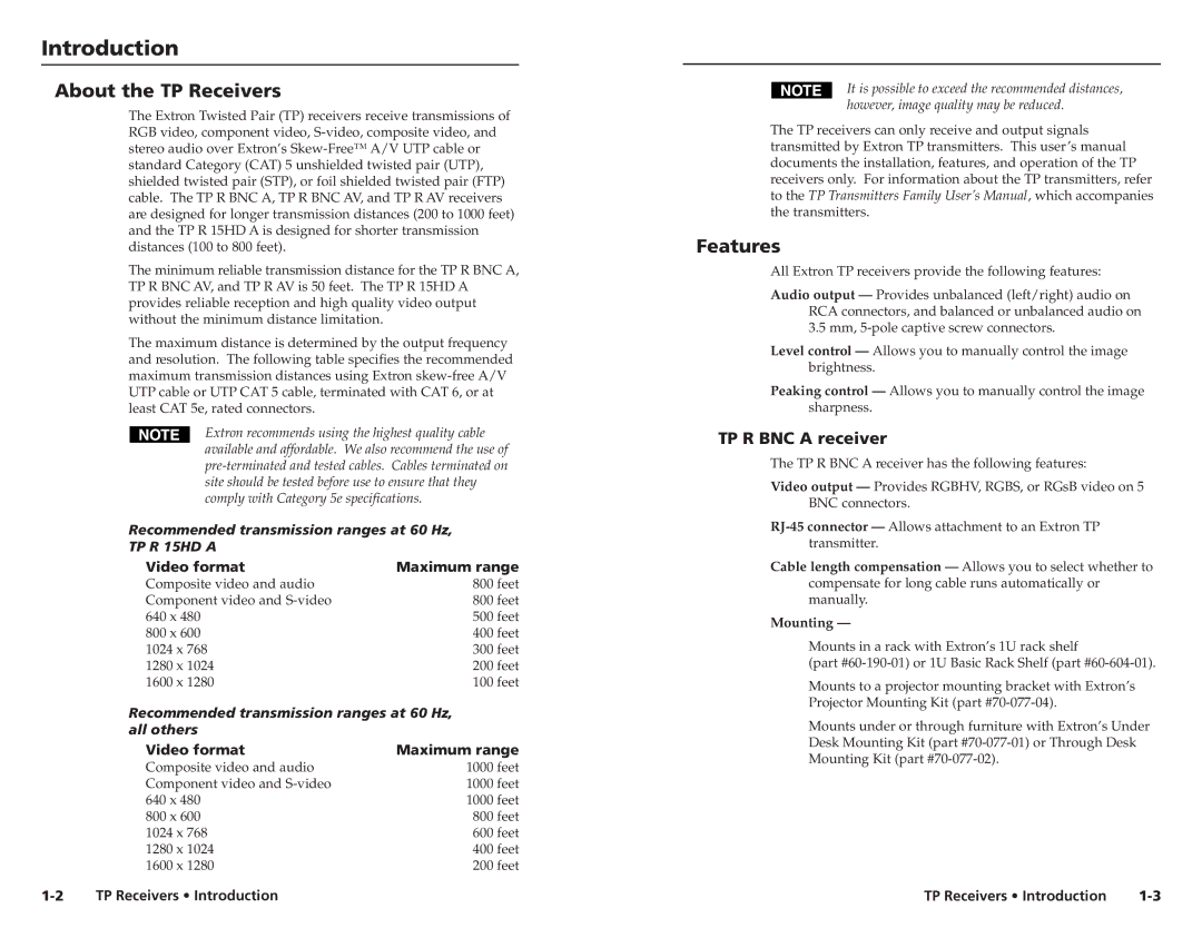 Extron electronic TP R AV, TP R BNC A Introductionroduction, cont’d About the TP Receivers, Features, TP R BNC a receiver 