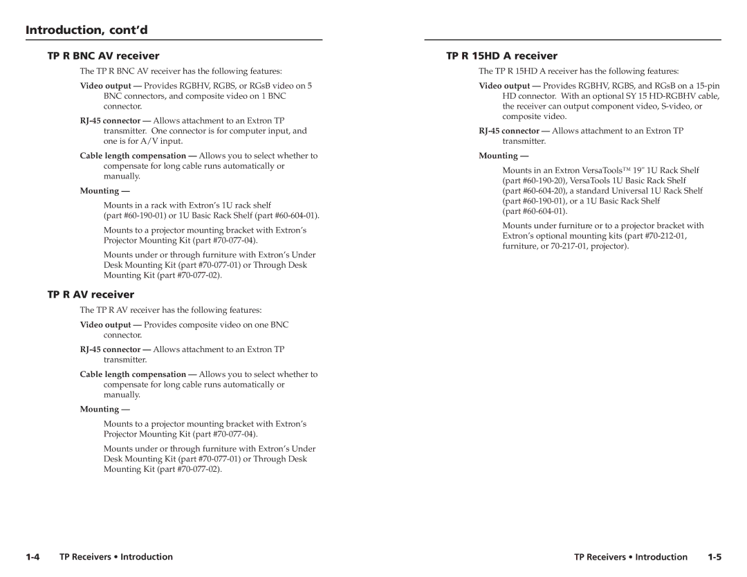 Extron electronic TP R 15HD A Introduction, cont’d, TP R BNC AV receiver, TP R AV receiver, TP R 15HD a receiver 