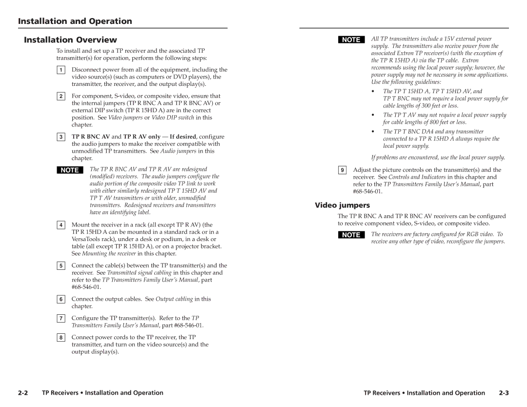 Extron electronic TP R AV, TP R BNC A, TP R 15HD A Installation and Operation, cont’d Installation Overview, Video jumpers 