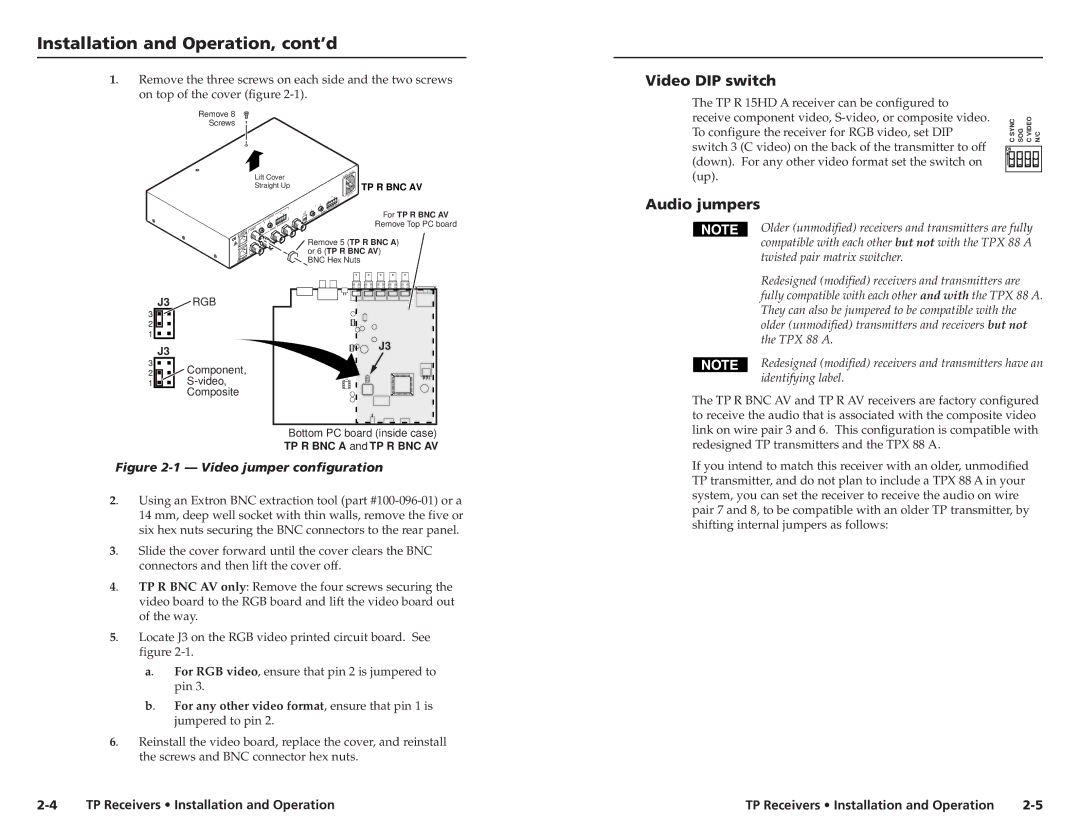 Extron electronic TP R BNC A, TP R 15HD A, TP R AV Installation and Operation, cont’d, Video DIP switch, Audio jumpers 