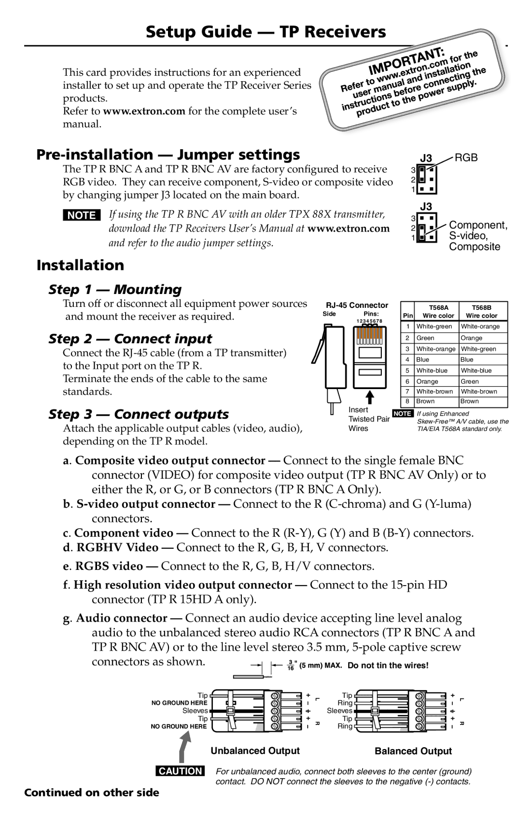 Extron electronic TP Receiver setup guide Mounting, Connect input, Connect outputs 