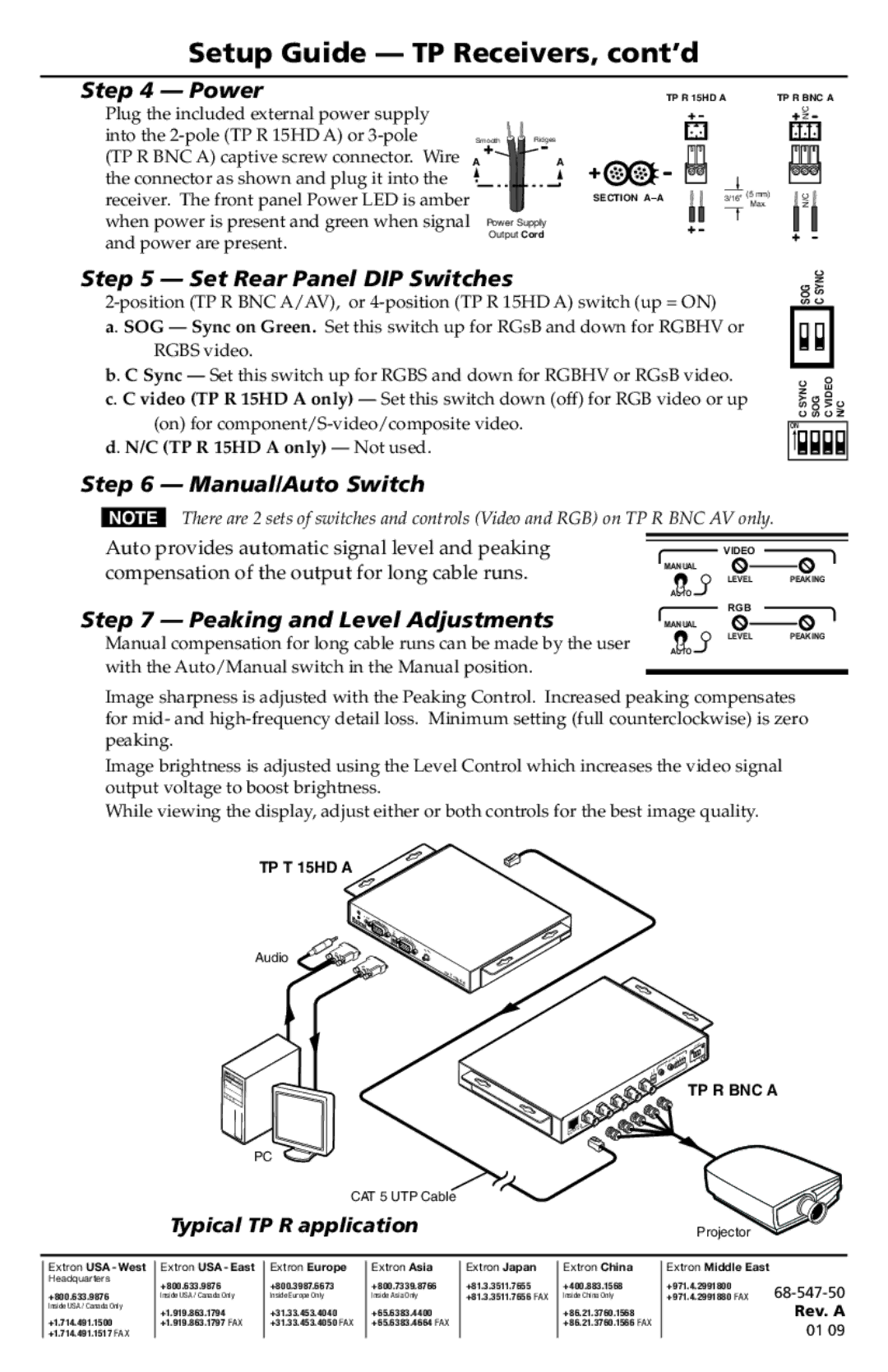 Extron electronic TP Receiver Power, Set Rear Panel DIP Switches, Manual/Auto Switch, Peaking and Level Adjustments 