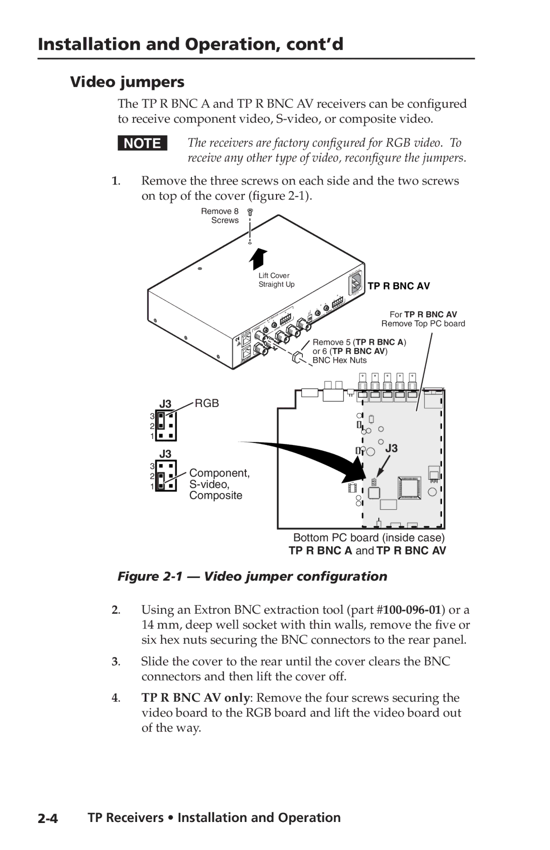 Extron electronic TP Receivers user manual Installation and Operation, cont’d, Video jumpers 