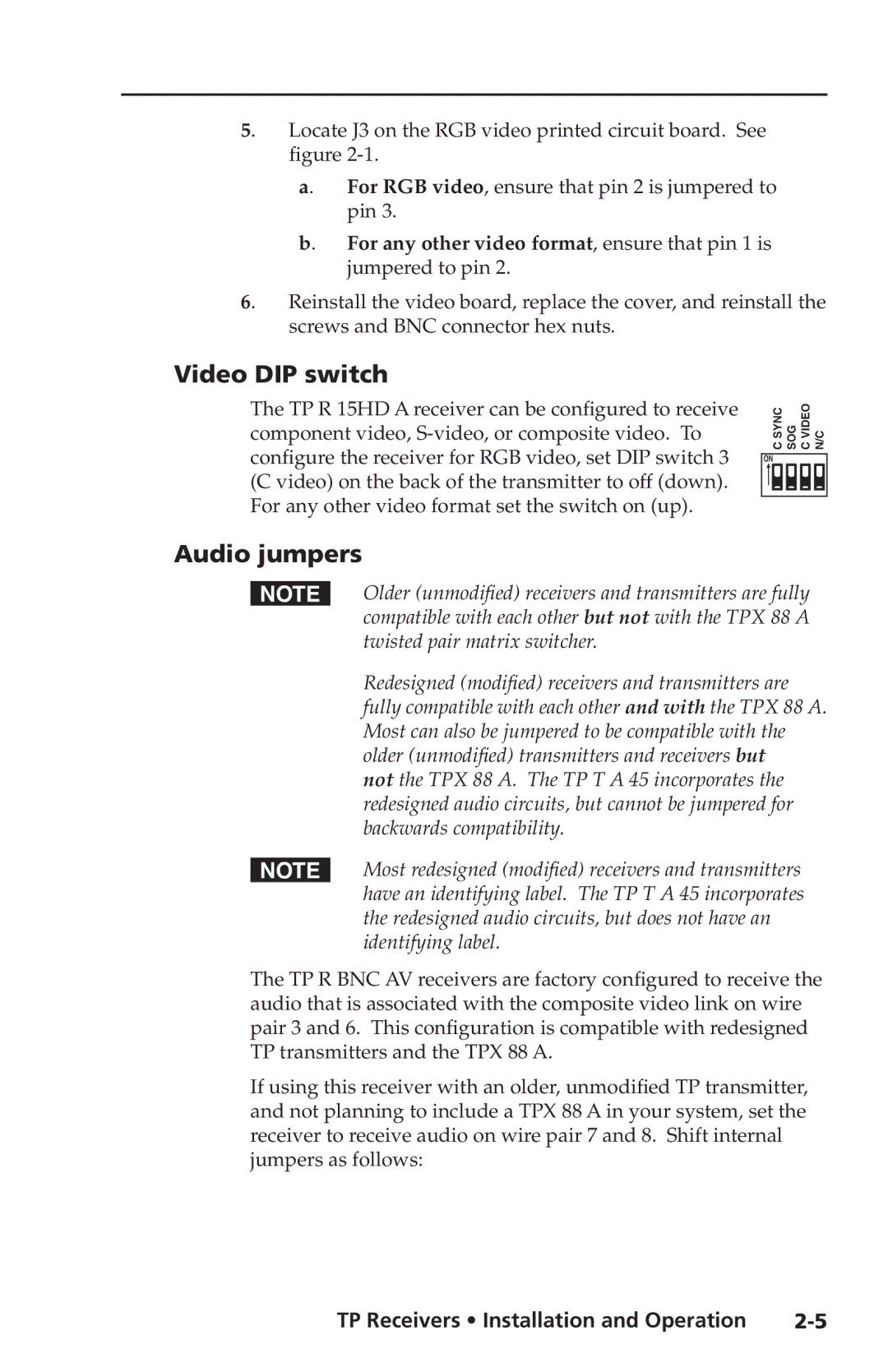 Extron electronic TP Receivers user manual Video DIP switch, Audio jumpers 