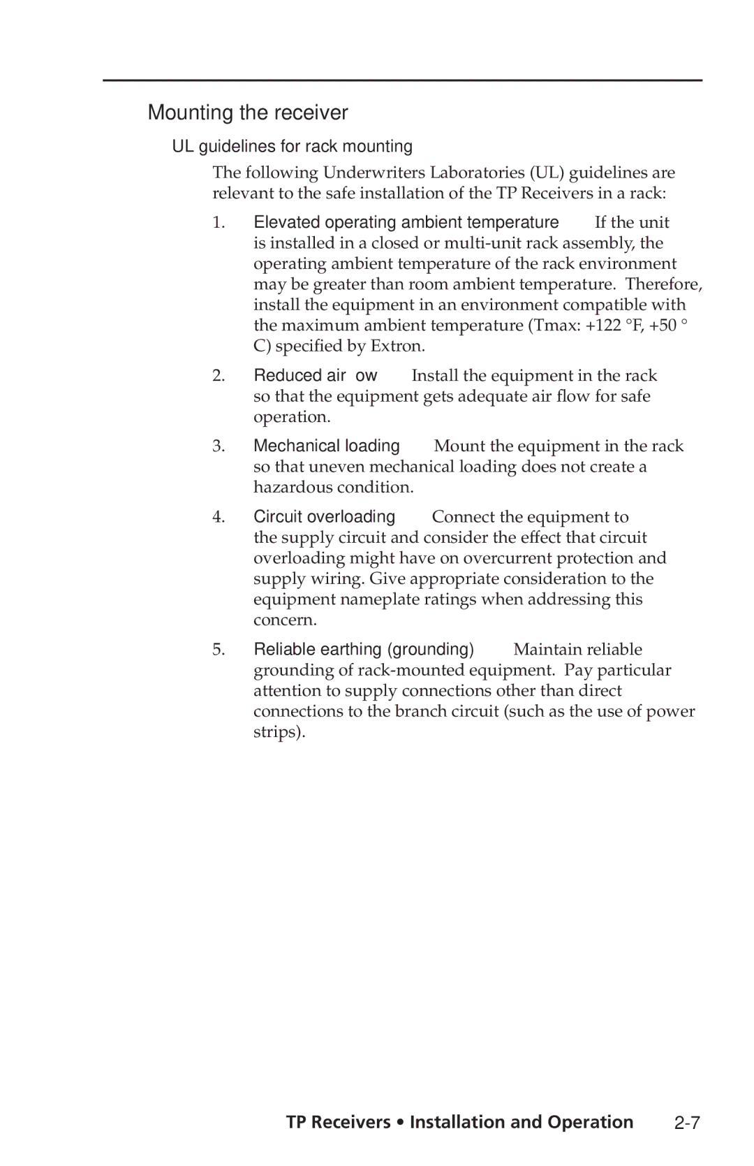 Extron electronic TP Receivers user manual Mounting the receiver, UL guidelines for rack mounting 