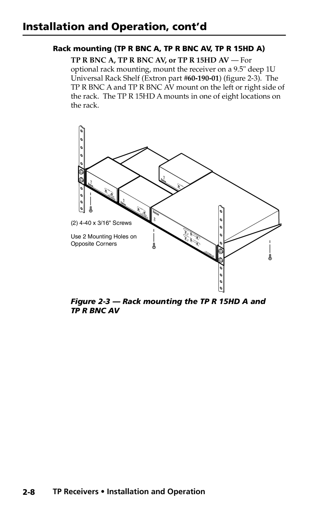 Extron electronic TP Receivers Rack mounting TP R BNC A, TP R BNC AV, TP R 15HD a, Rack mounting the TP R 15HD a 