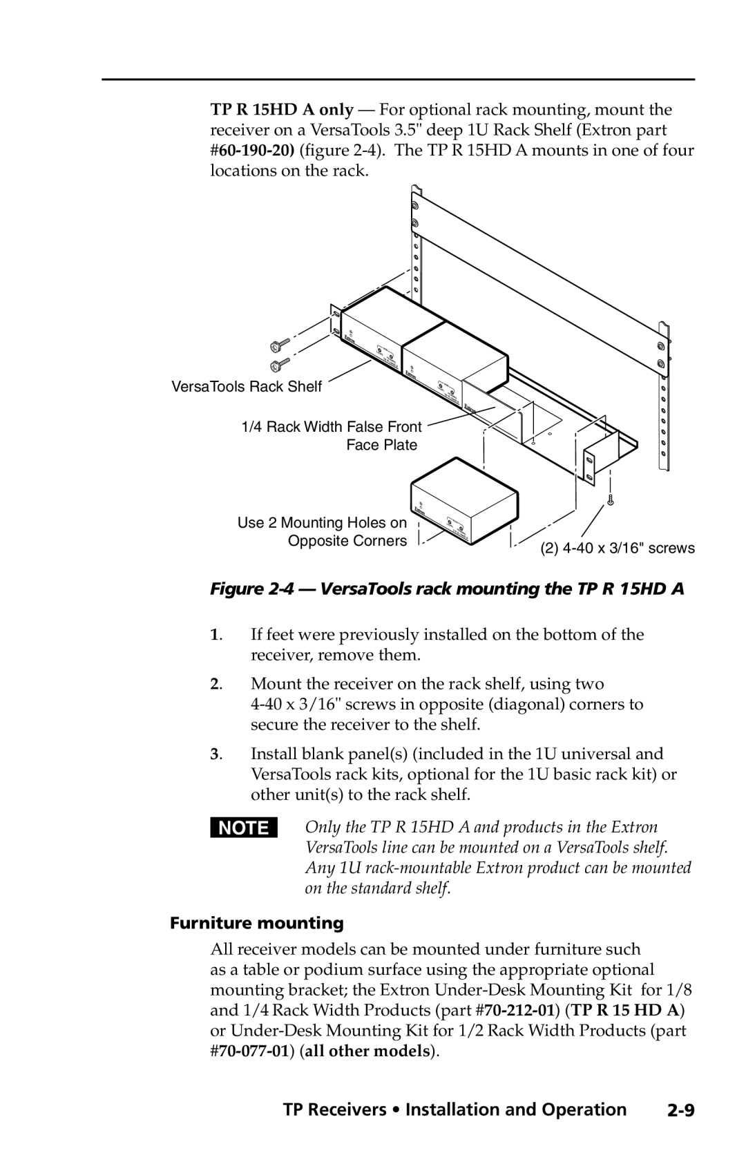 Extron electronic TP Receivers user manual Furniture mounting, #70-077-01 all other models 