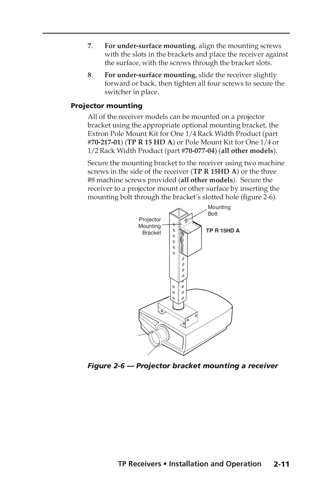 Extron electronic TP Receivers user manual Projector mounting, Projector bracket mounting a receiver 