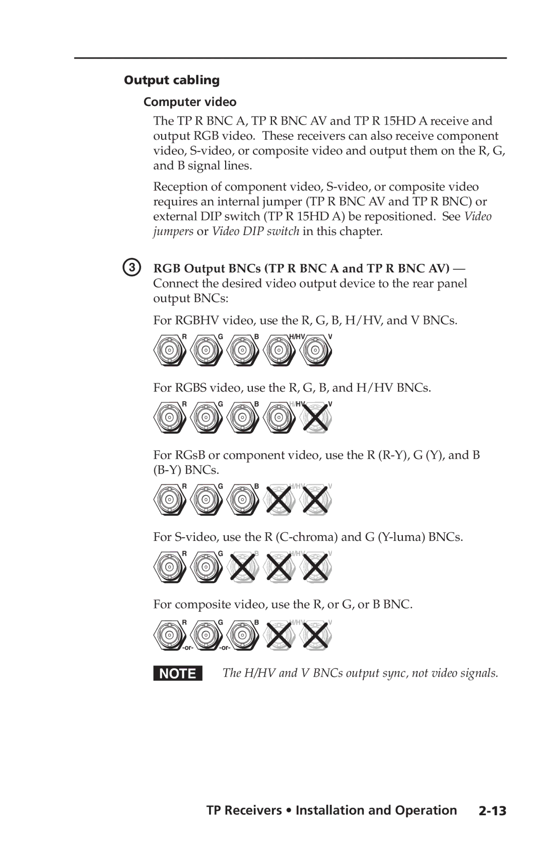 Extron electronic TP Receivers user manual Output cabling Computer video, RGB Output BNCs TP R BNC a and TP R BNC AV 