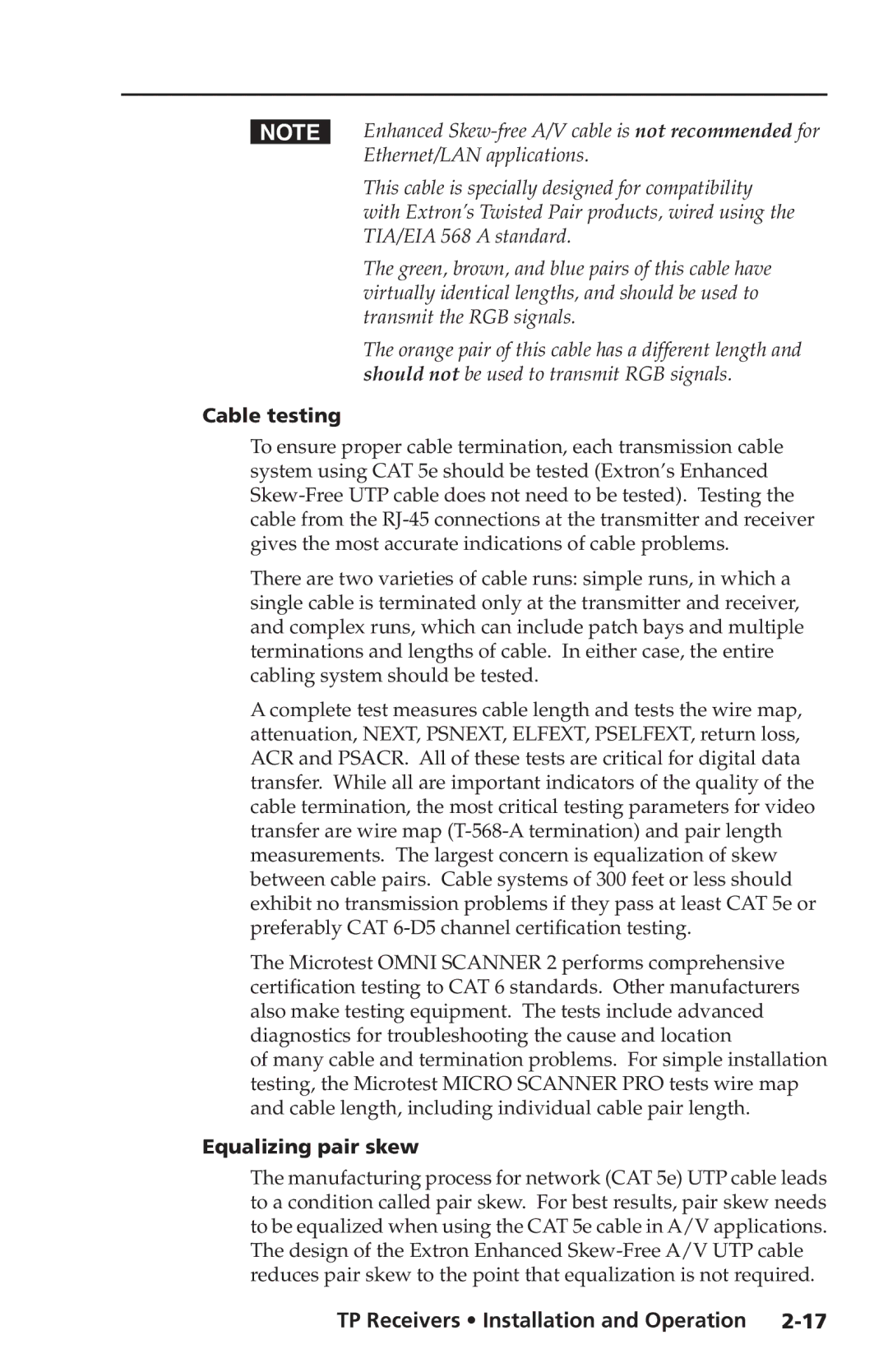 Extron electronic TP Receivers user manual Cable testing, Equalizing pair skew 