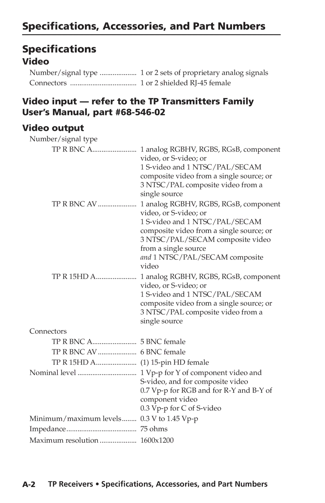 Extron electronic TP Receivers user manual Specifications, Video 