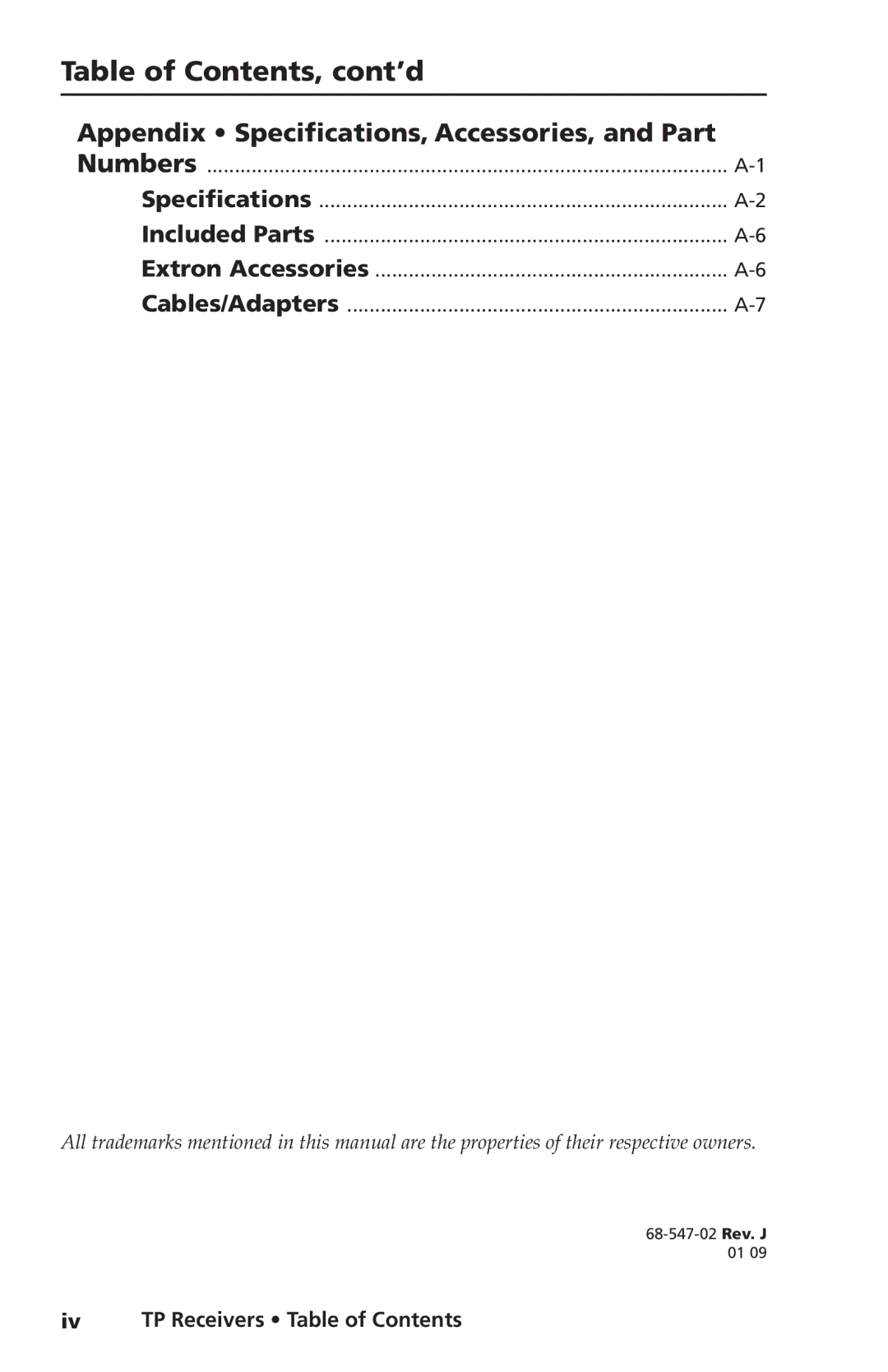 Extron electronic TP Receivers user manual Table of Contents, cont’d 