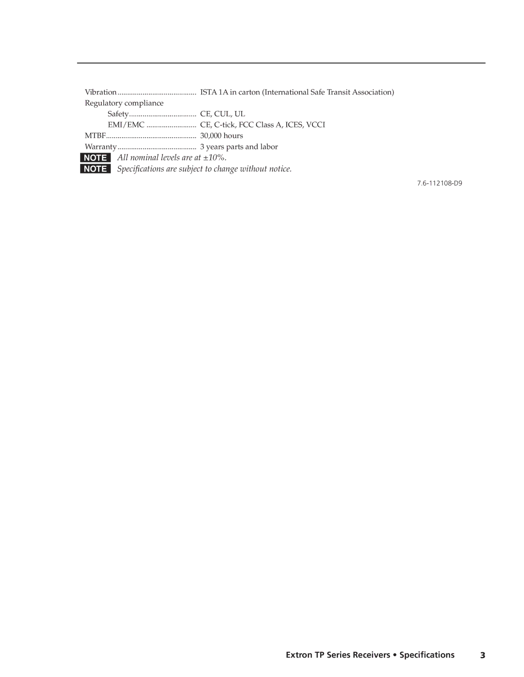 Extron electronic TP Series specifications CE, C-tick, FCC Class A, ICES, Vcci, 30,000 hours, Years parts and labor 