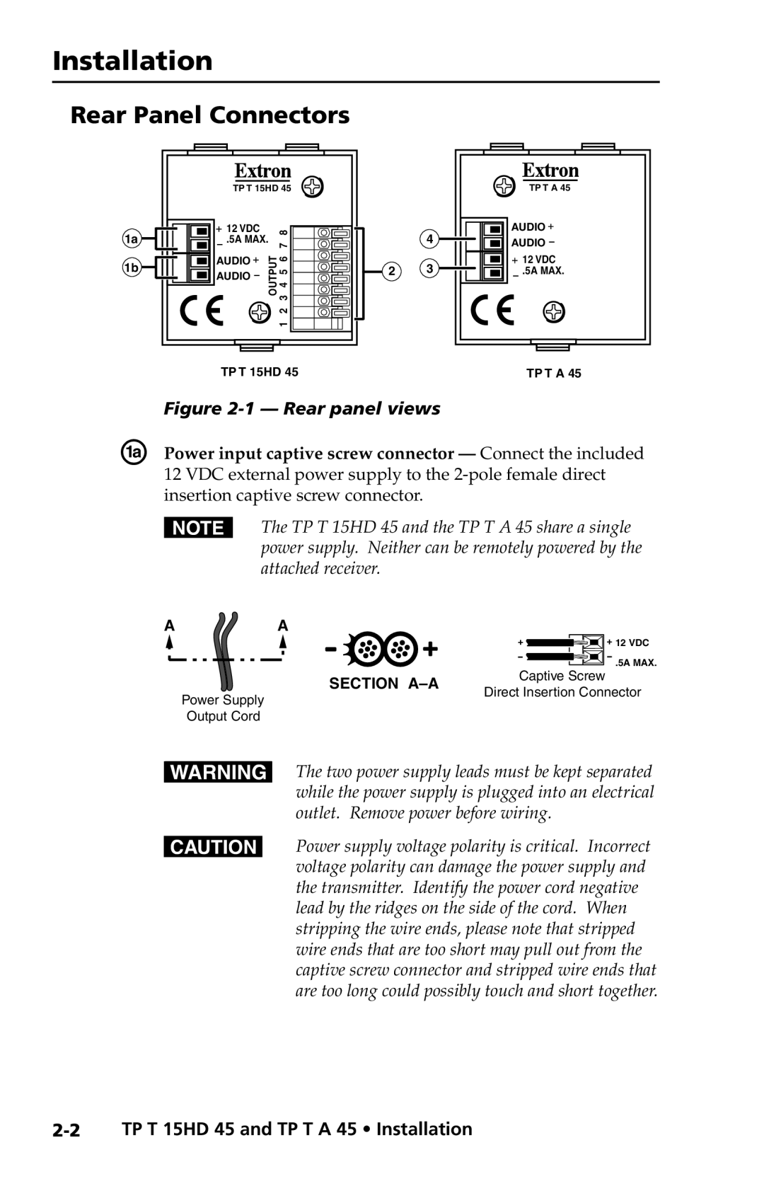 Extron electronic TP T 15HD 45, TP T A 45 manual Installation, Rear Panel Connectors 