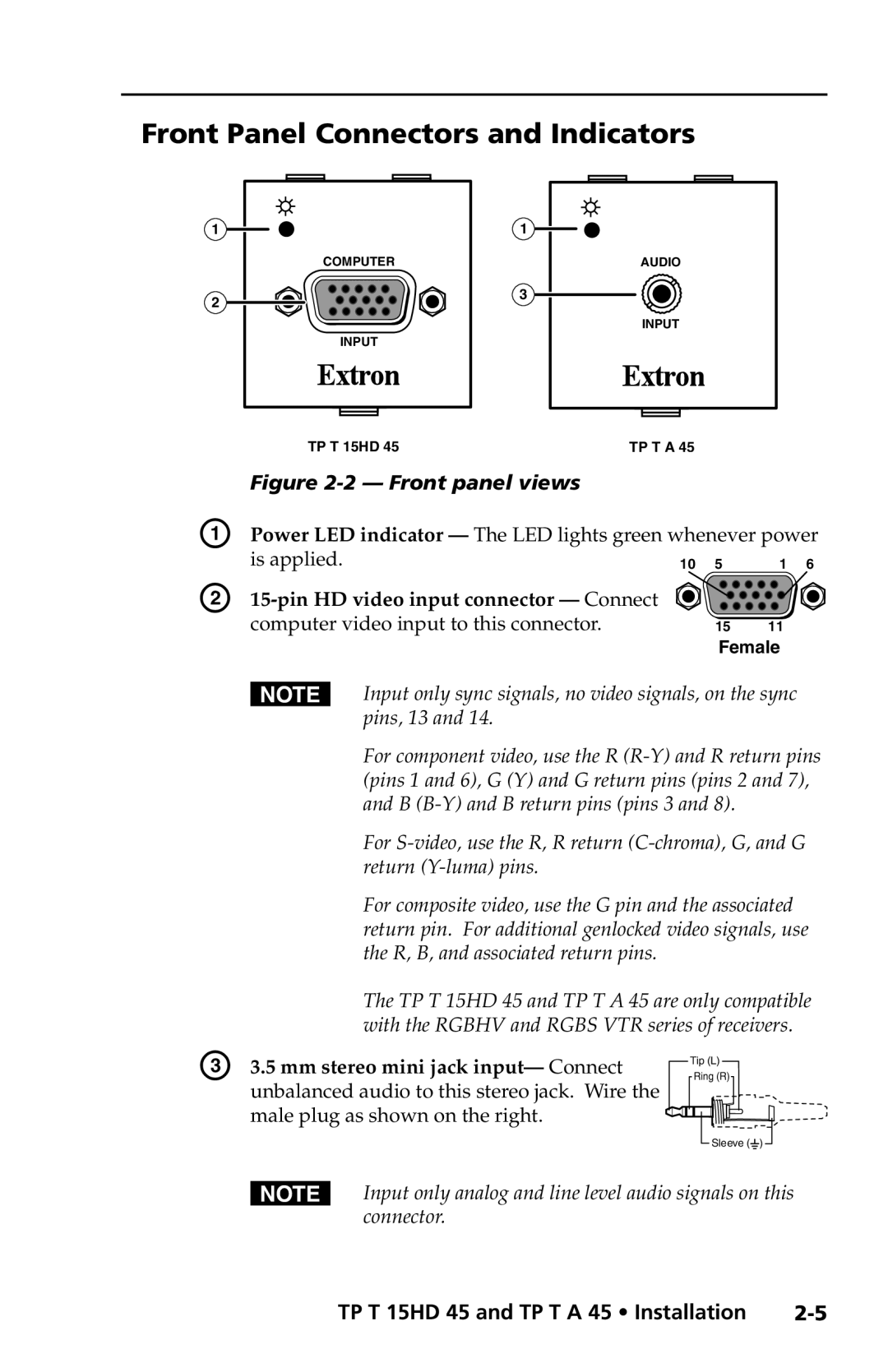 Extron electronic TP T A 45, TP T 15HD 45 Front Panel Connectors and Indicators, Computer video input to this connector 