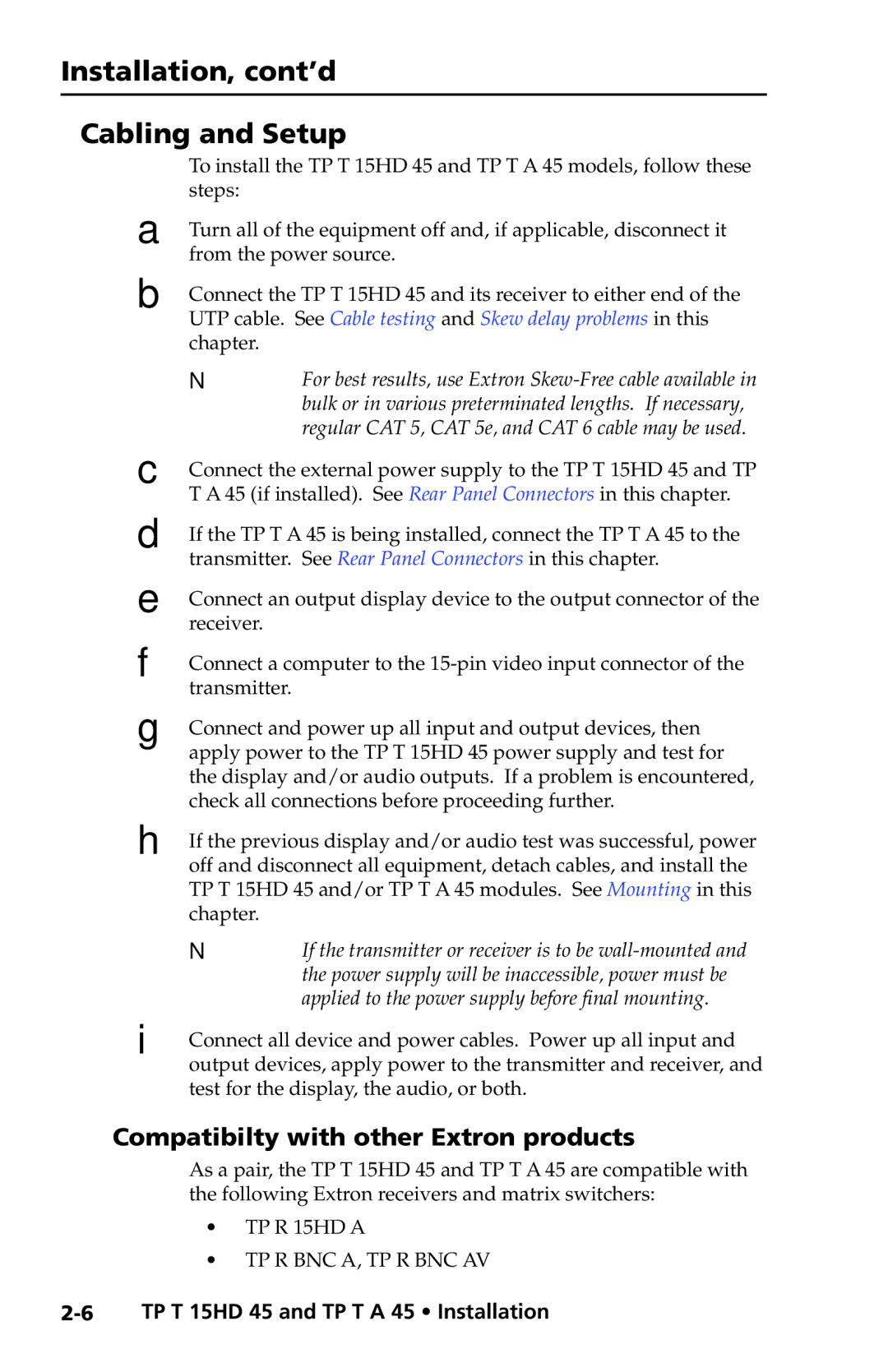 Extron electronic TP T 15HD 45, TP T A 45 manual Installation, cont’d Cabling and Setup 
